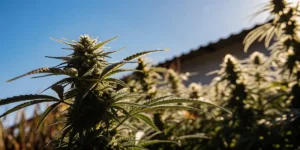 close-up of a cannabis plant with frosty buds under natural sunlight in an outdoor garden