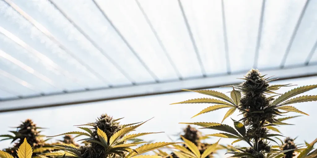 close-up of cannabis buds growing inside a greenhouse under filtered sunlight