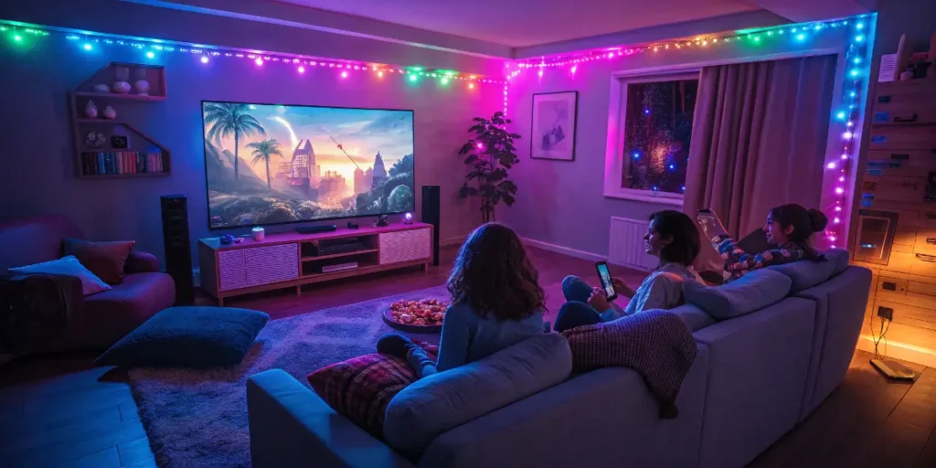 Animated Movies Best Watched High Friends watching an animated movie in a cozy living room with colorful LED lights