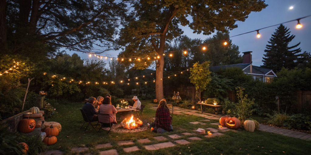 Outdoor Halloween gathering with friends around a fire pit decorated with lights and autumn elements related to cannabis culture