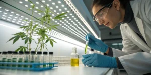 Researcher extracting hemp biofuel samples under controlled laboratory conditions