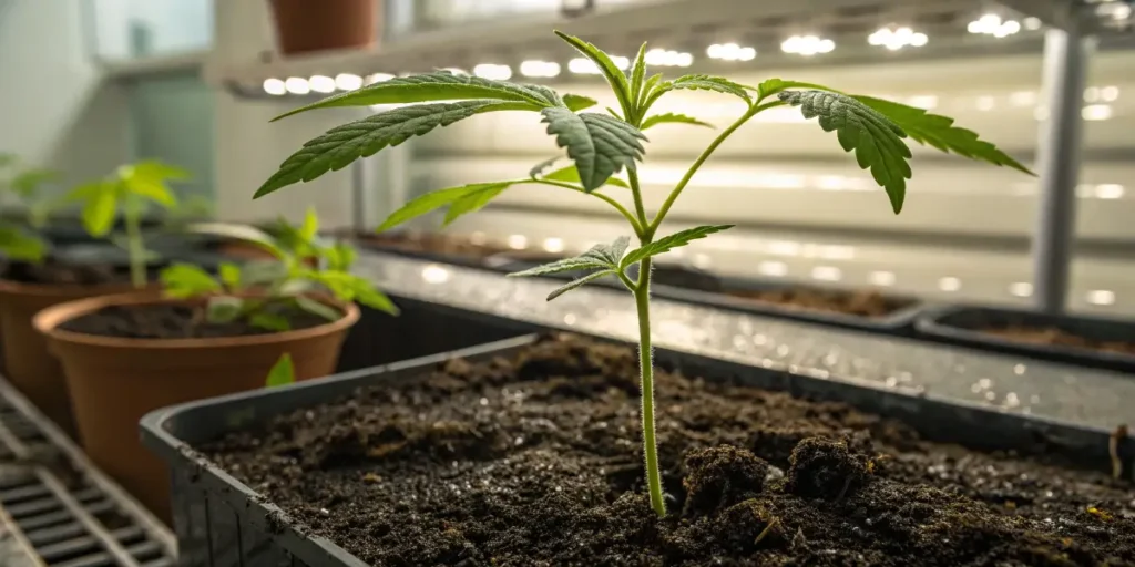 Healthy green leaves reaching toward LED panels, reflecting this strain vigor.
