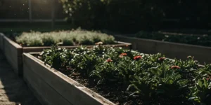 Close-up of an outdoor garden bed with red flowers and lush green leaves in natural sunlight.