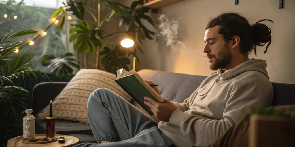 Smiling man reclining on a couch at night, holding a lit joint and a book, with gentle smoke rising as he enjoys reading while high.