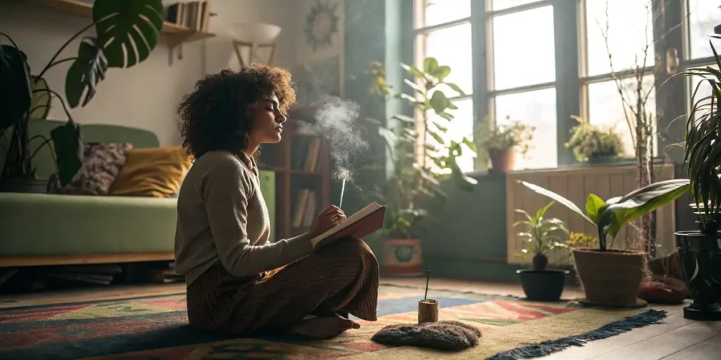 Young woman sitting cross-legged in a sunlit, plant-filled room, reading a book as smoke drifts upward, illustrating a serene reading-while-high moment.