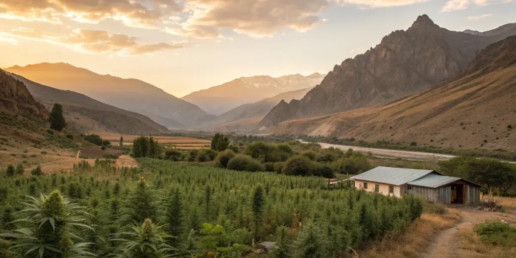 Cannabis crops in a Bolivian valley surrounded by rugged mountains and a farmhouse at sunset.