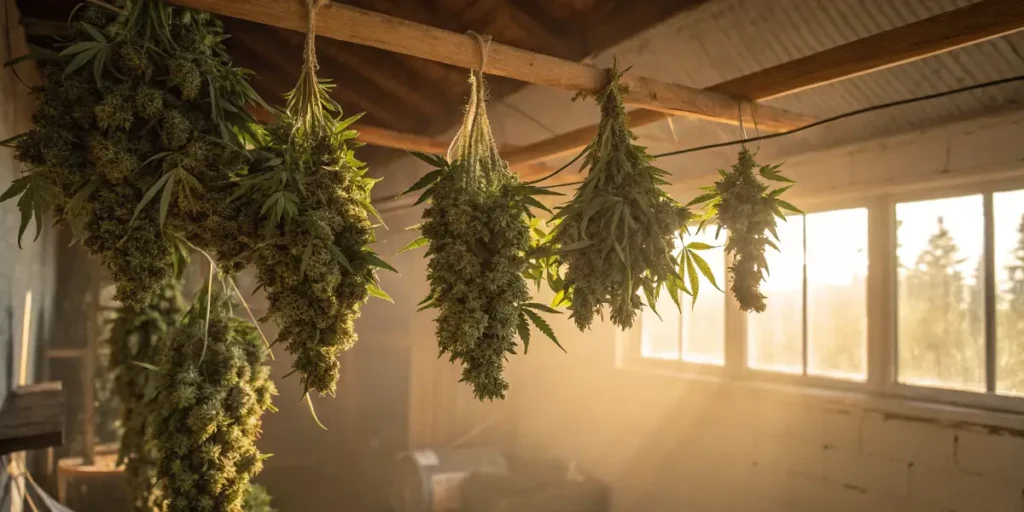 Chemdawg Auto cannabis buds drying indoors with golden sunlight filtering through windows.