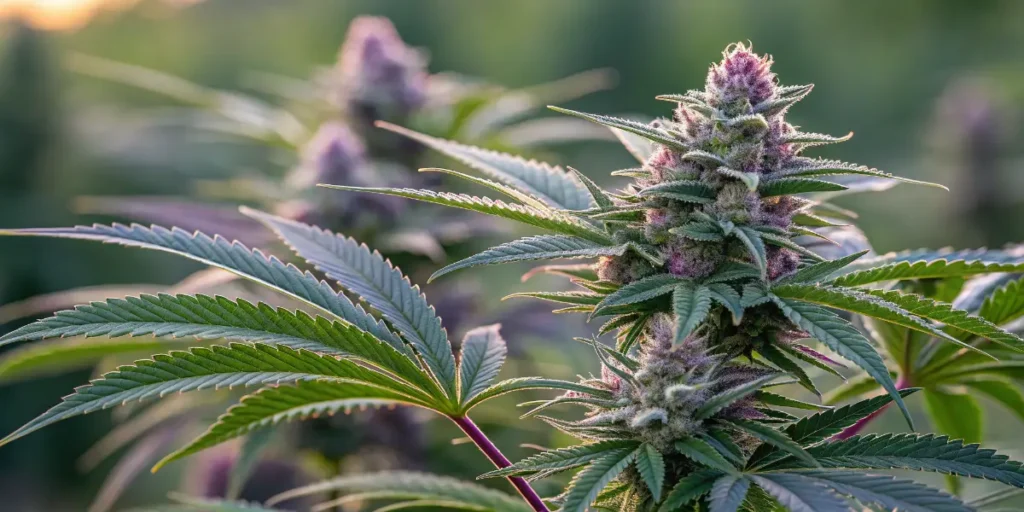 Chemdawg Auto cannabis plant with dense purple-tinged buds and green leaves outdoors.