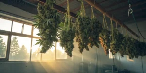 Rows of harvested Chemdawg Auto cannabis branches hanging to dry in warm sunlight.