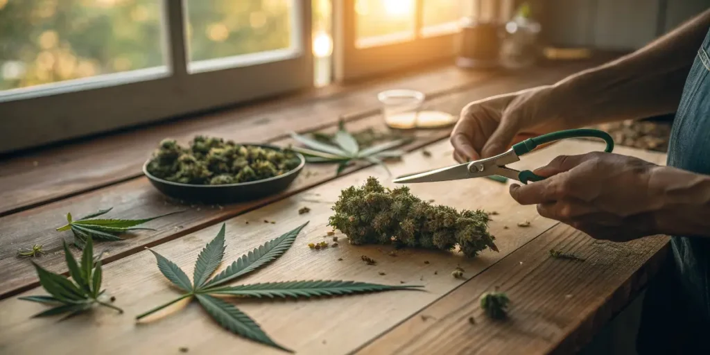 Person cutting cannabis buds on a wooden board using scissors, showing hacks to grind weed without a grinder.