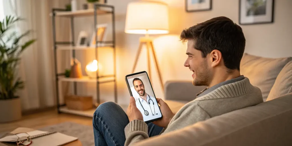 Man smiling during a video call with his doctor on a tablet at home.