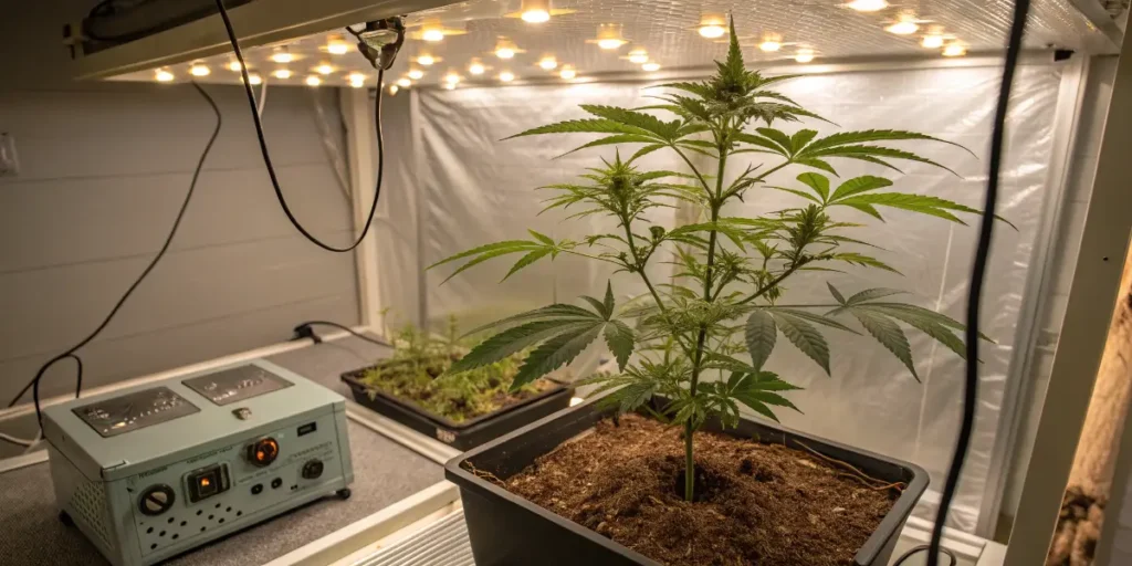 fast flowering mint cannabis plants growing indoors under LED lights in controlled grow room