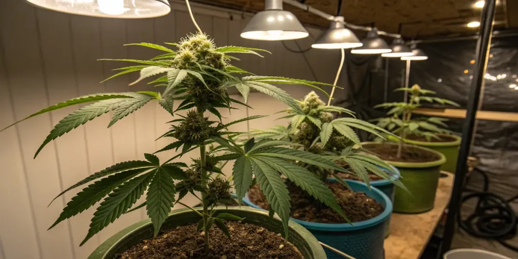 indica dominant cannabis plants growing indoors under lamps