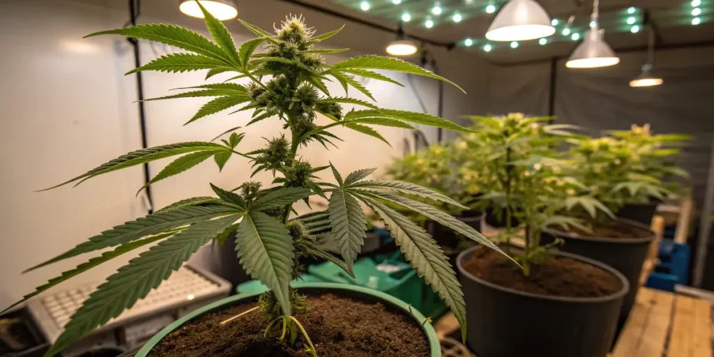 Mint cannabis strain growing at home in small pot with early flowering under indoor lights