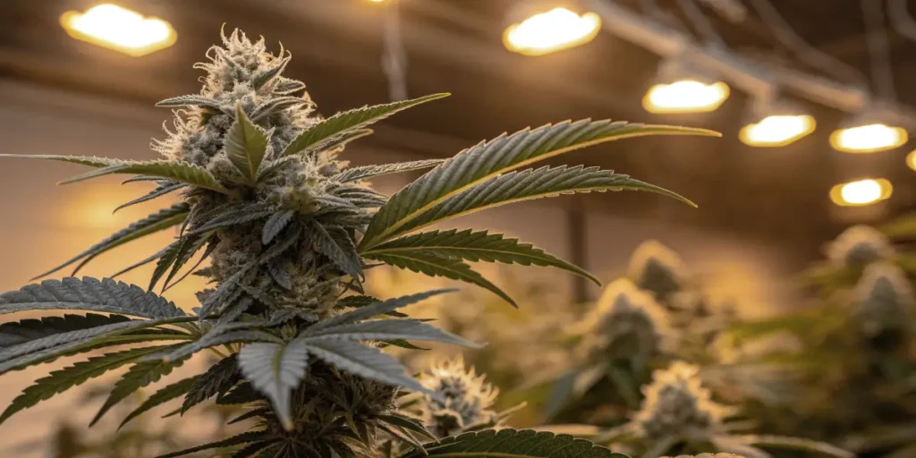 Peanut Butter Breath cannabis plant with dense frosty buds indoors