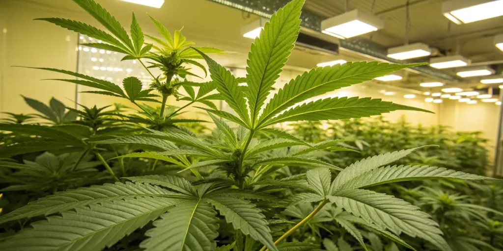 Indoor cultivation room with Peanut Butter Breath cannabis plants