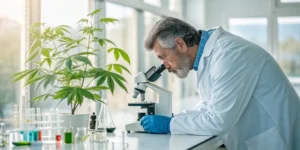 Scientist examining cannabis plant samples under a microscope in a modern laboratory